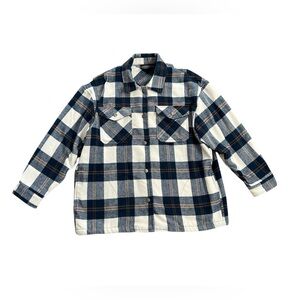 Relaxed Fit Fleece Wool Blend Blue/White Plaid Snap Button Down Shacket Size L